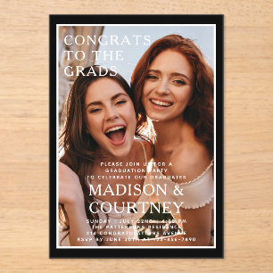 Modern Black Gingham Photo Graduation Party Acrylic Invitations