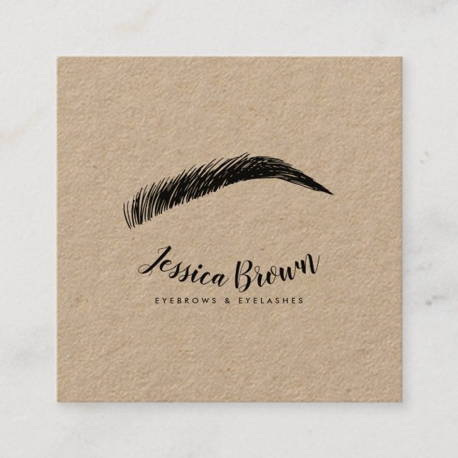 Modern black glam eyebrow eyelash extensions kraft square business card (Front)