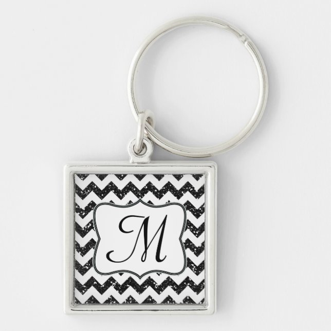 Modern Black Glitter Chevron Zig Zag Key Chain (Front)