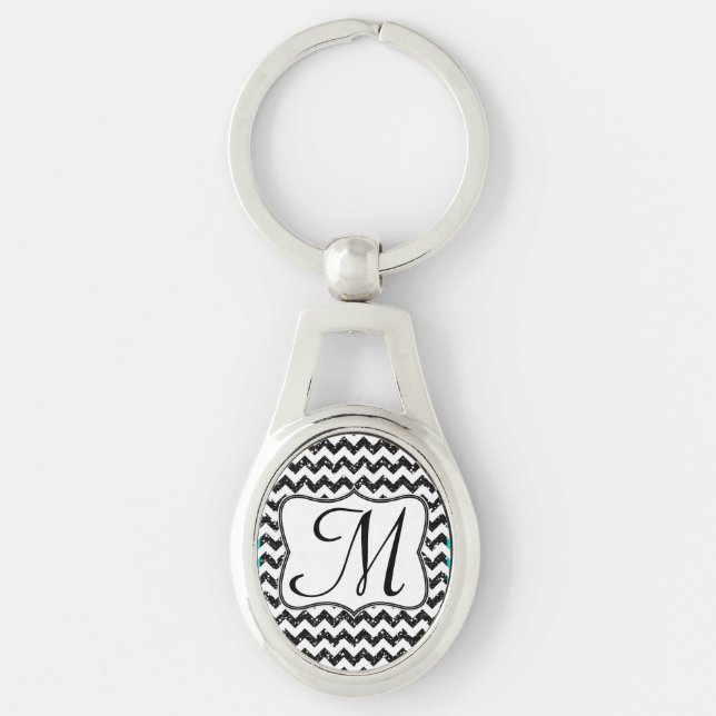 Modern Black Glitter Chevron Zig Zag Key Chain (Front)