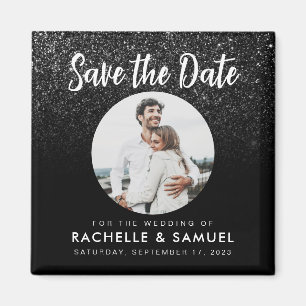 Modern Black Glitter Chic Photo Save the Date Magnet