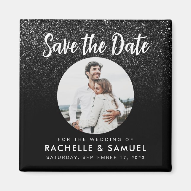 Modern Black Glitter Chic Photo Save the Date Magnet (Front)