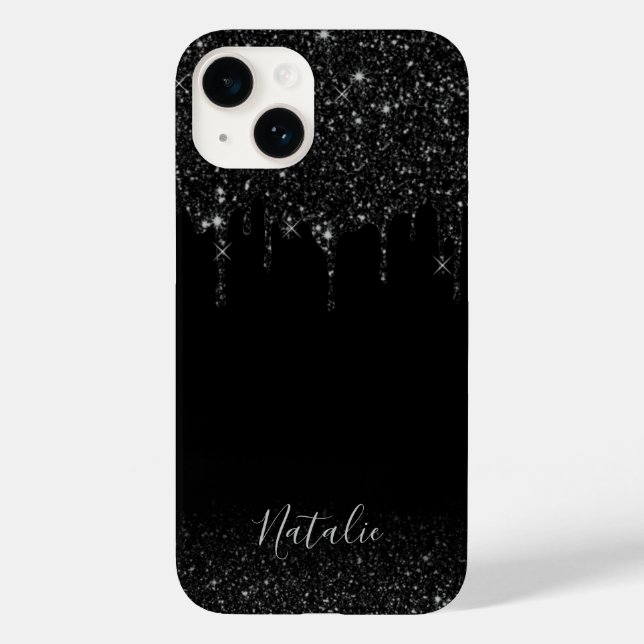 Modern Black Glitter Drips Elegant Custom Name Case-Mate iPhone Case (Back)