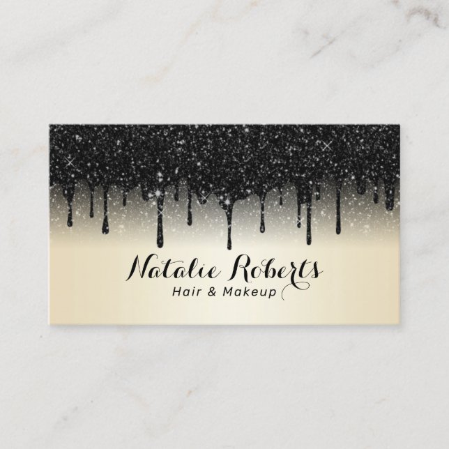 Modern Black Glitter Drips Pearl Beauty Salon Business Card (Front)