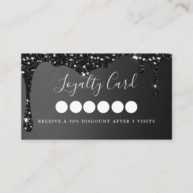 Modern Black Glitter Drop Salon & Spa Loyalty Business Card (Front)