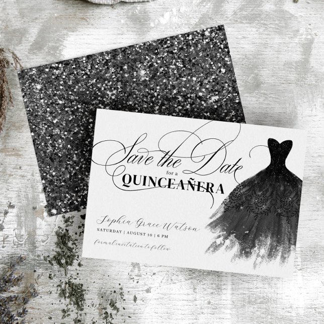 Modern Black Glitter Girly Dress Quinceanera Save The Date (Creator Uploaded)