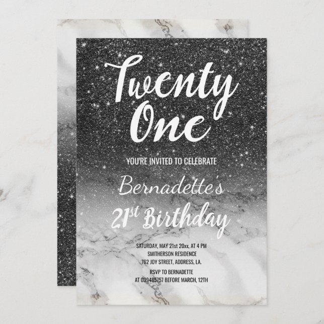 Modern black glitter marble ombre 21st Birthday Invitation (Front/Back)