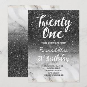 Modern black glitter marble ombre 21st Birthday Invitation