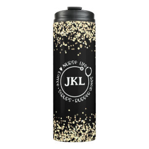 Modern Black Glitter Monogram Stethoscope Nurse Thermal Tumbler