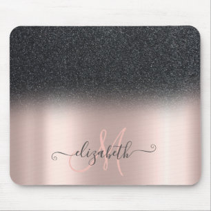 Modern Black Glitter Ombre Rose Gold Monogram Mouse Mat