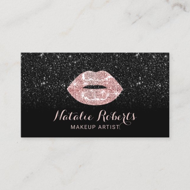 Modern Black Glitter Rose Gold Lips Makeup Artist Business Card (Front)
