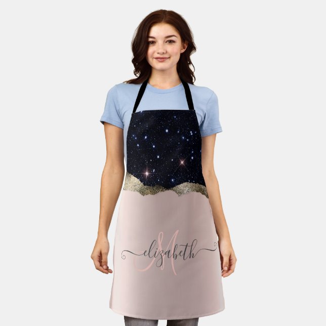 Modern Black Glitter Rose Gold Monogram  Apron (Worn)