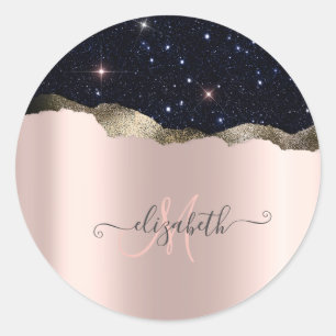 Modern Black Glitter Rose Gold Monogram  Classic Round Sticker