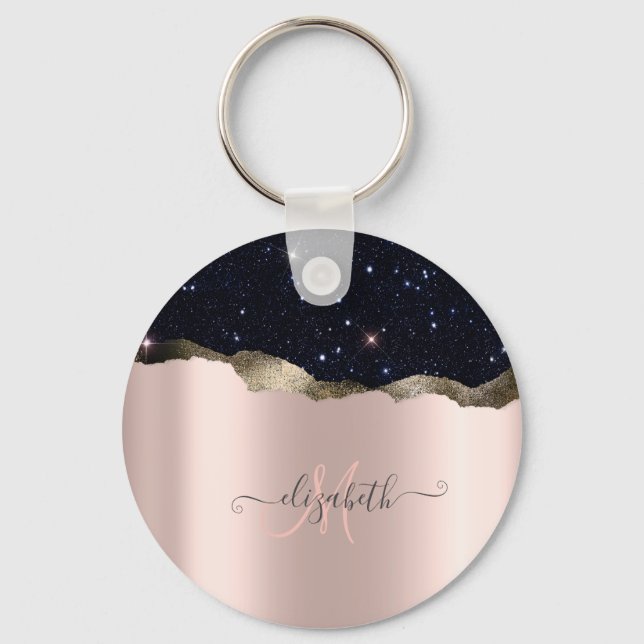 Modern Black Glitter Rose Gold Monogram Key Ring (Front)