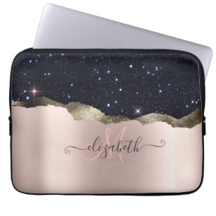 Modern Black Glitter Rose Gold Monogram Laptop Sleeve