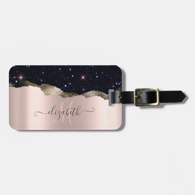 Modern Black Glitter Rose Gold Monogram    Luggage Tag (Front Horizontal)