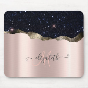 Modern Black Glitter Rose Gold Monogram  Mouse Mat