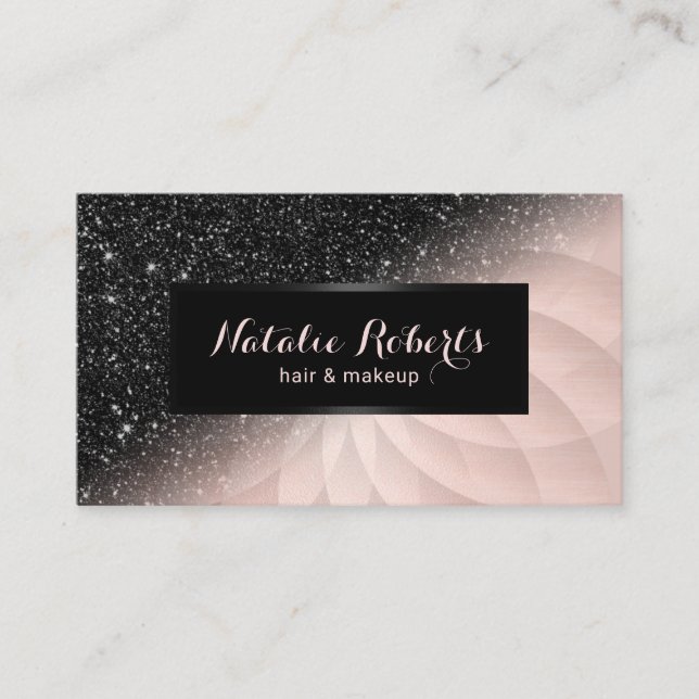 Modern Black Glitter Rose Gold Spiral Beauty Salon Business Card (Front)