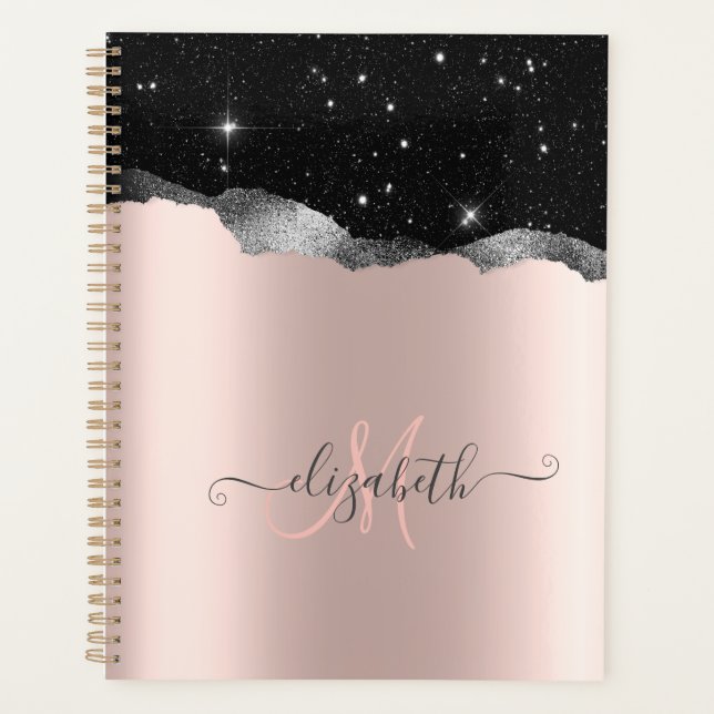 Modern Black Glitter Silver,Rose Gold Monogram Planner (Front)