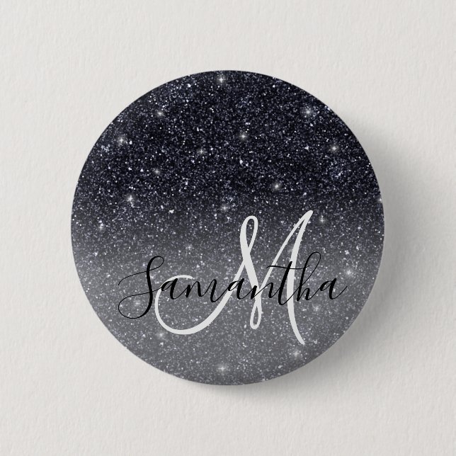 Modern Black Glitter Sparkles Personalised Name 6 Cm Round Badge (Front)