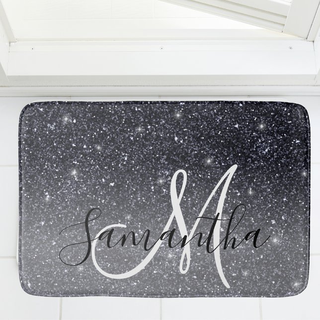 Modern Black Glitter Sparkles Personalised Name Bath Mat (Creator Uploaded)