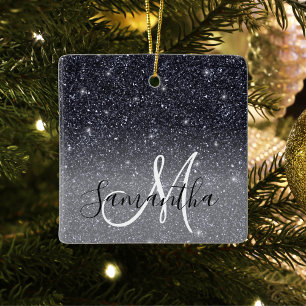 Modern Black Glitter Sparkles Personalised Name Ceramic Ornament