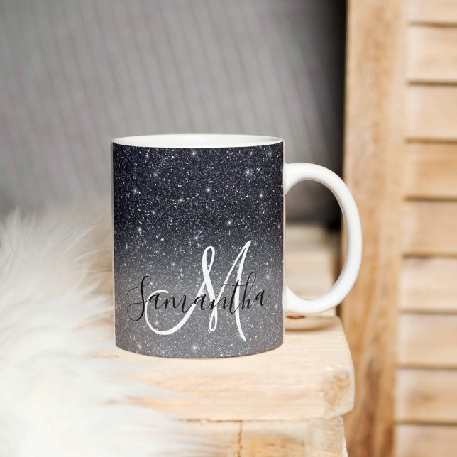 Modern Black Glitter Sparkles Personalised Name Coffee Mug (Creator Uploaded)