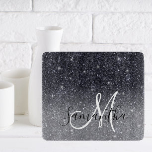 Modern Black Glitter Sparkles Personalised Name Cutting Board