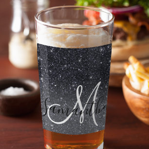 Modern Black Glitter Sparkles Personalised Name Glass