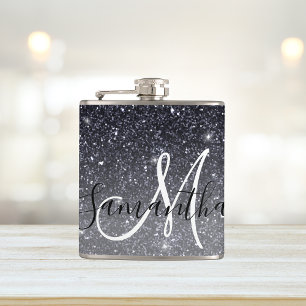 Modern Black Glitter Sparkles Personalised Name Hip Flask