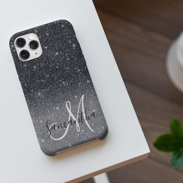 Modern Black Glitter Sparkles Personalised Name iPhone Case (Creator Uploaded)