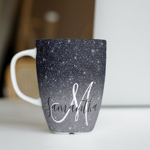 Modern Black Glitter Sparkles Personalised Name Latte Mug