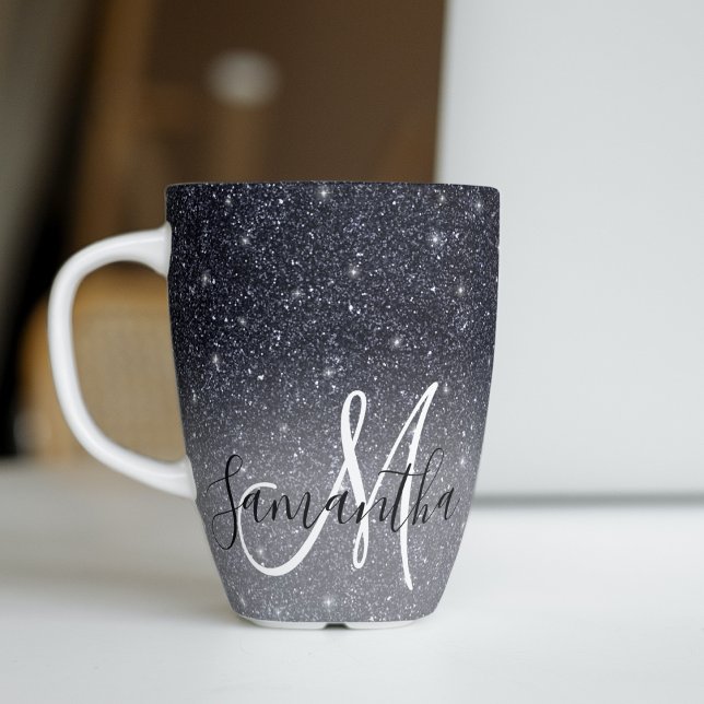 Modern Black Glitter Sparkles Personalised Name Latte Mug (Creator Uploaded)