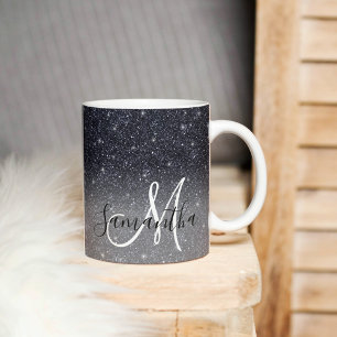 Modern Black Glitter Sparkles Personalised Name Mug