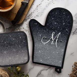 Modern Black Glitter Sparkles Personalised Name Oven Mitt & Pot Holder Set