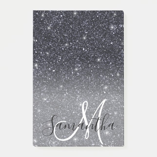 Modern Black Glitter Sparkles Personalised Name Post-it Notes (Front)