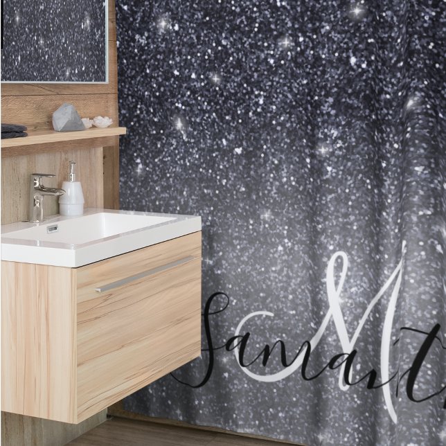 Modern Black Glitter Sparkles Personalised Name Shower Curtain (Creator Uploaded)