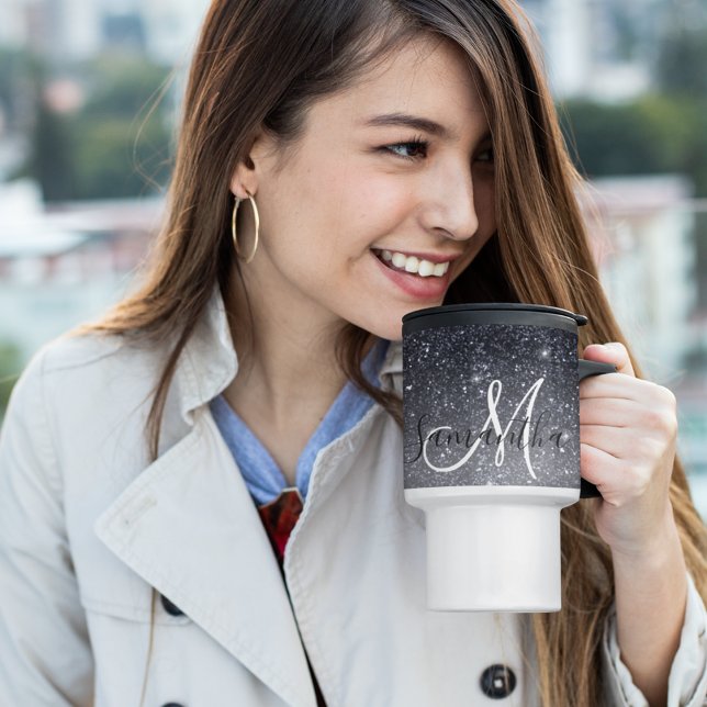 Modern Black Glitter Sparkles Personalised Name Travel Mug (Creator Uploaded)