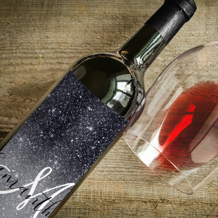 Modern Black Glitter Sparkles Personalised Name Wine Label