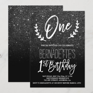 Modern black glitter typography First Birthday Invitation