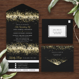 Modern Black Glitter Wedding All In One Invitation
