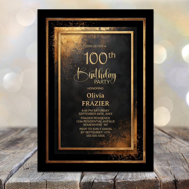 Modern Black Gold 100th Birthday Party Invitation (Creator Uploaded)
