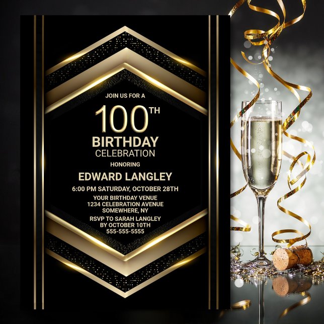 Modern Black Gold 100th Birthday Party Invitation (Creator Uploaded)