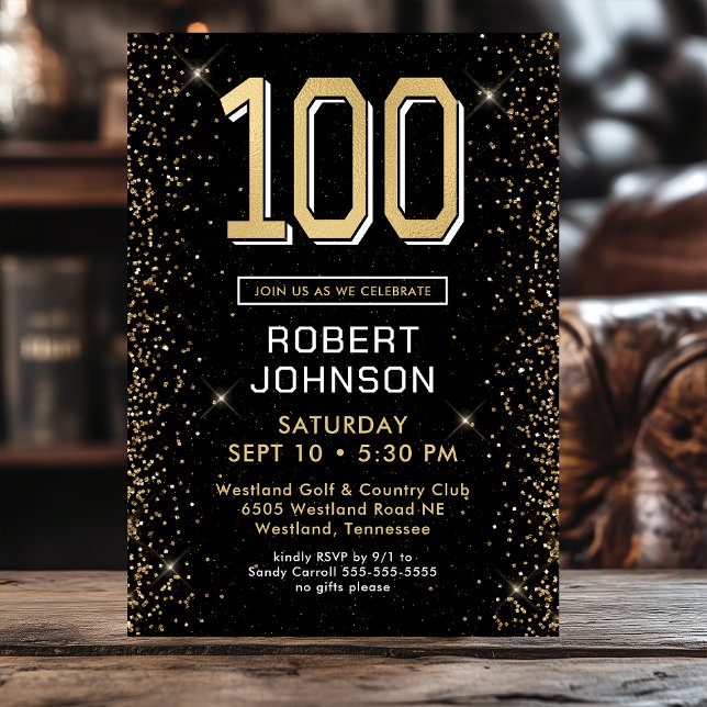 Modern Black Gold 100th Birthday Photo Invitation (Creator Uploaded)