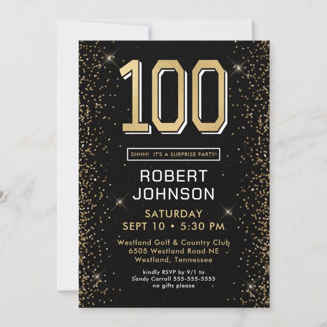 Modern Black Gold 100th Birthday Surprise Party Invitation (Front)
