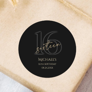 Modern Black Gold 16th Birthday Party Classic Round Sticker