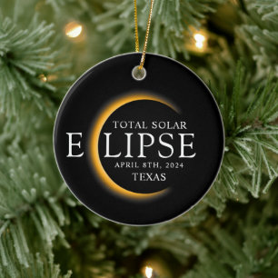 Modern Black & Gold 2024 Texas Total Solar Eclipse Ceramic Tree Decoration