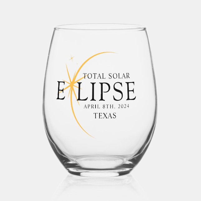 Modern Black & Gold 2024 Texas Total Solar Eclipse Stemless Wine Glass (Front)