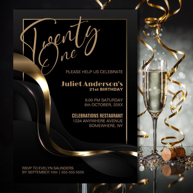 Modern Black Gold 21st Birthday Party Invitation (Creator Uploaded)