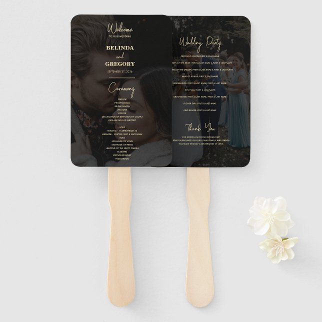 Modern Black Gold 2 Photo Overlay Wedding Program  Hand Fan (Front and Back)
